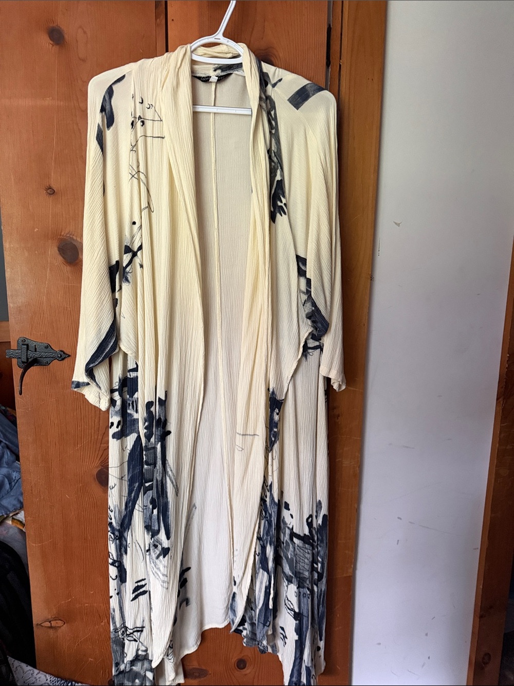 Cream Open-Front Brushstroke Print Duster Cape kimono
